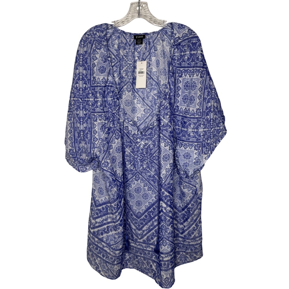 Evans Blue Medallion Paisley Tassel Tunic Plus Size 30/32 Boho Vacation Resort